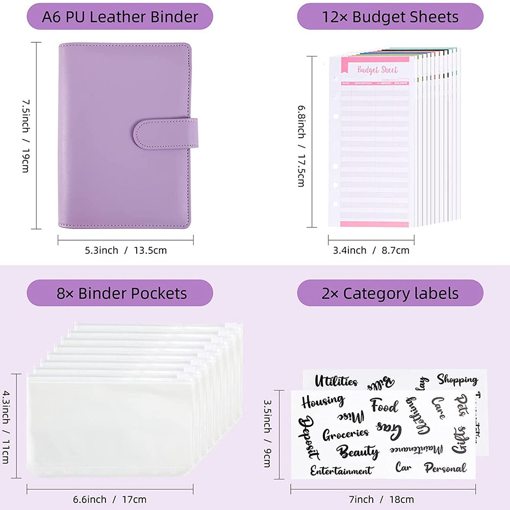 A6 PU Leather Notebook Cover Loose-leaf Binder Budget Planner Organizer 8 Storage Pockets 12 Budget Sheets