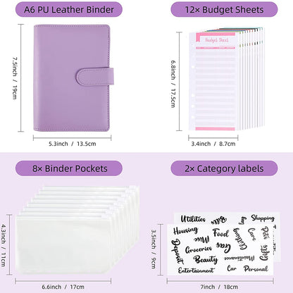 A6 PU Leather Notebook Cover Loose-leaf Binder Budget Planner Organizer 8 Storage Pockets 12 Budget Sheets