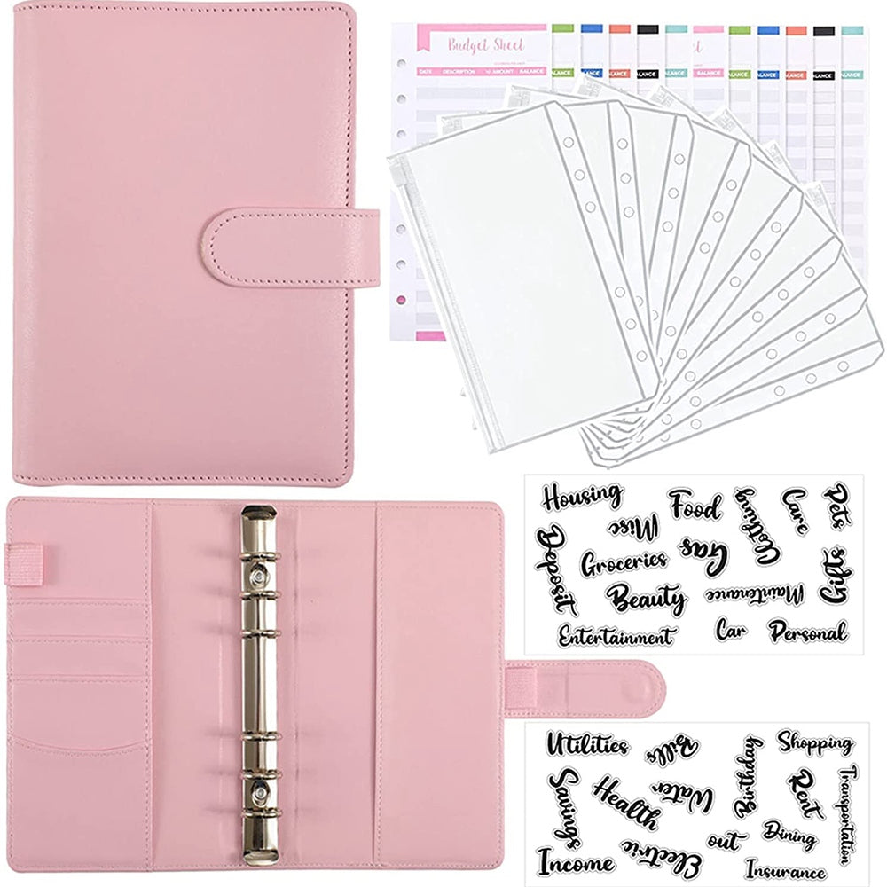 A6 PU Leather Notebook Cover Loose-leaf Binder Budget Planner Organizer 8 Storage Pockets 12 Budget Sheets