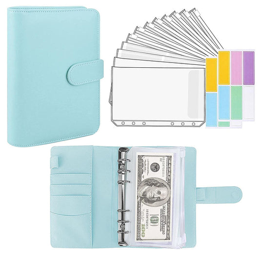 6 Rings A6 PU Leather Binder Bill Card Money Organizer Magnetic Clasp Binder Cover Notebook with 12 PVC Pockets and 2 Label Stickers