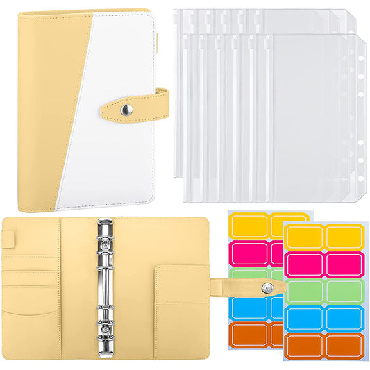 Splicing Design A6 PU Leather Binder Notebook 6 Rings Binder Cover with 12 PVC Pockets and 2 Random Color Label Stickers