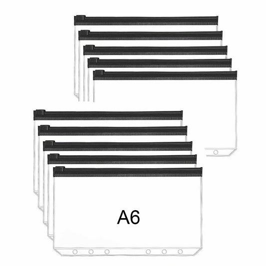 10PCS A6 Size Binder Pockets Black Zipper Binder Pouch Folders for 6-Ring Binder Loose Leaf Bags Waterproof PVC Bill Storage Bags