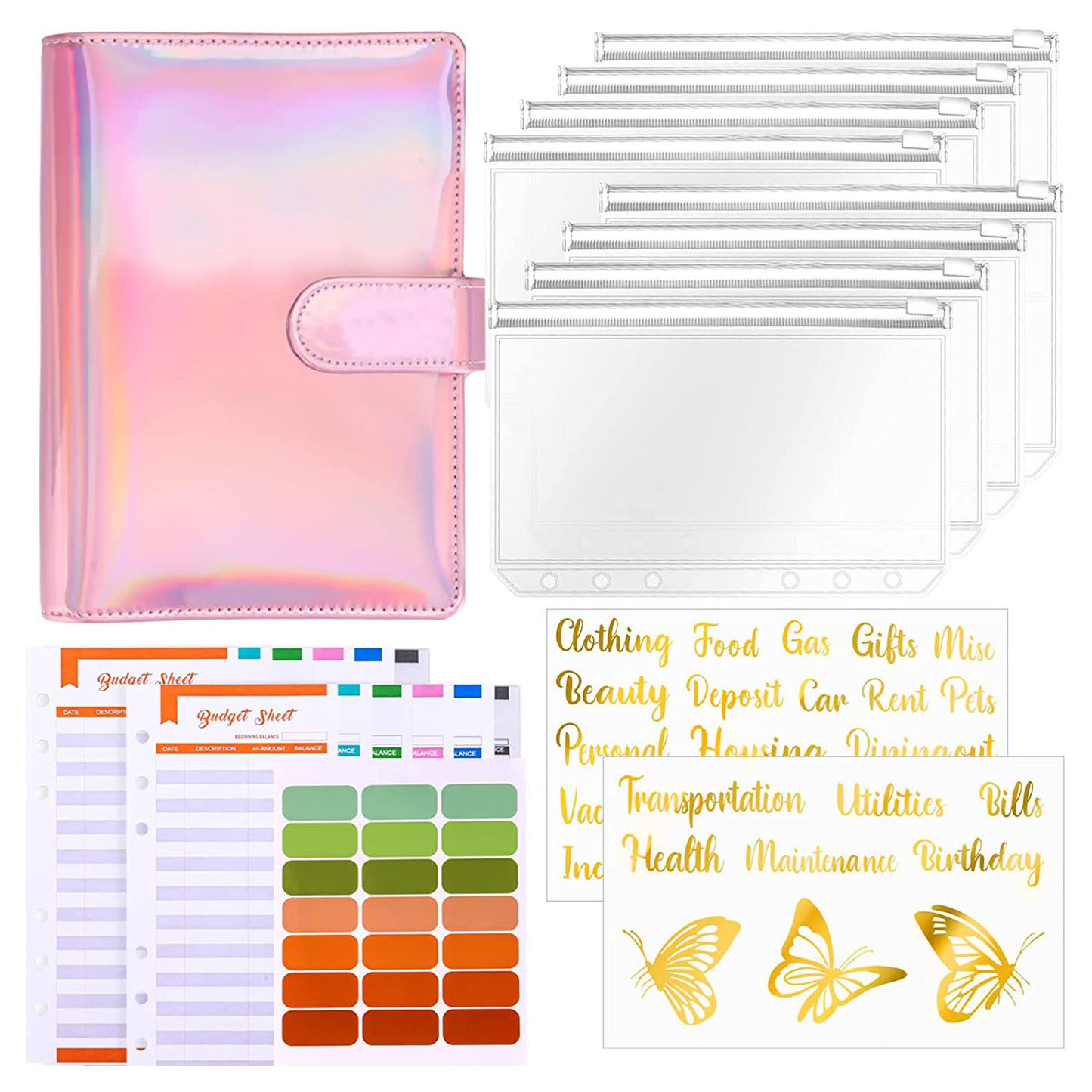 A6 PU Leather Magnetic Clasp Binder Cover Laser Design Shell with Loose Leaf PVC Bags, Expense Budget Sheets and Sticky Labels