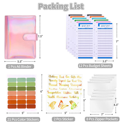 A6 PU Leather Magnetic Clasp Binder Cover Laser Design Shell with Loose Leaf PVC Bags, Expense Budget Sheets and Sticky Labels