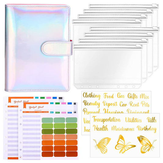 A6 PU Leather Magnetic Clasp Binder Cover Laser Design Shell with Loose Leaf PVC Bags, Expense Budget Sheets and Sticky Labels