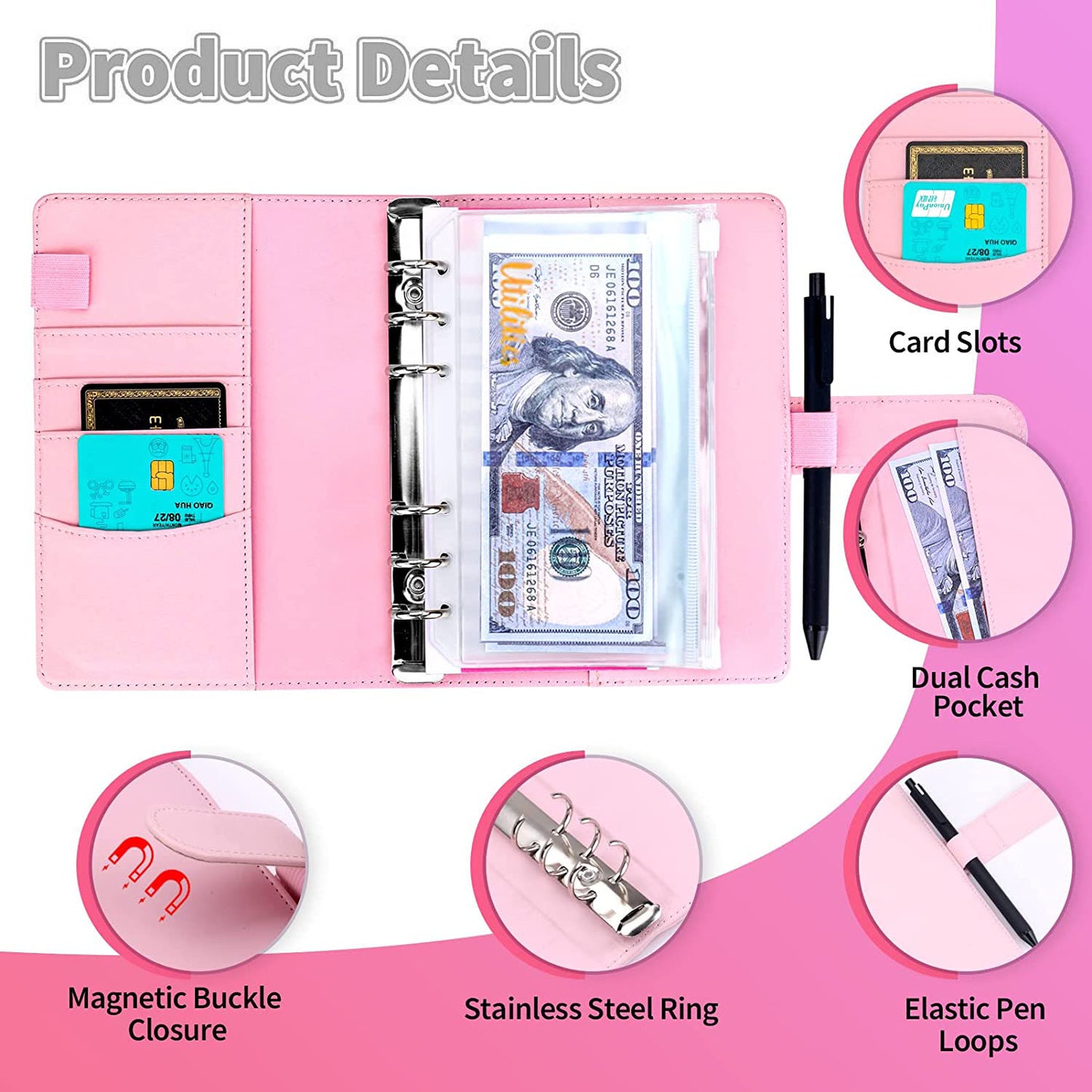 A6 PU Leather Magnetic Clasp Binder Cover Laser Design Shell with Loose Leaf PVC Bags, Expense Budget Sheets and Sticky Labels