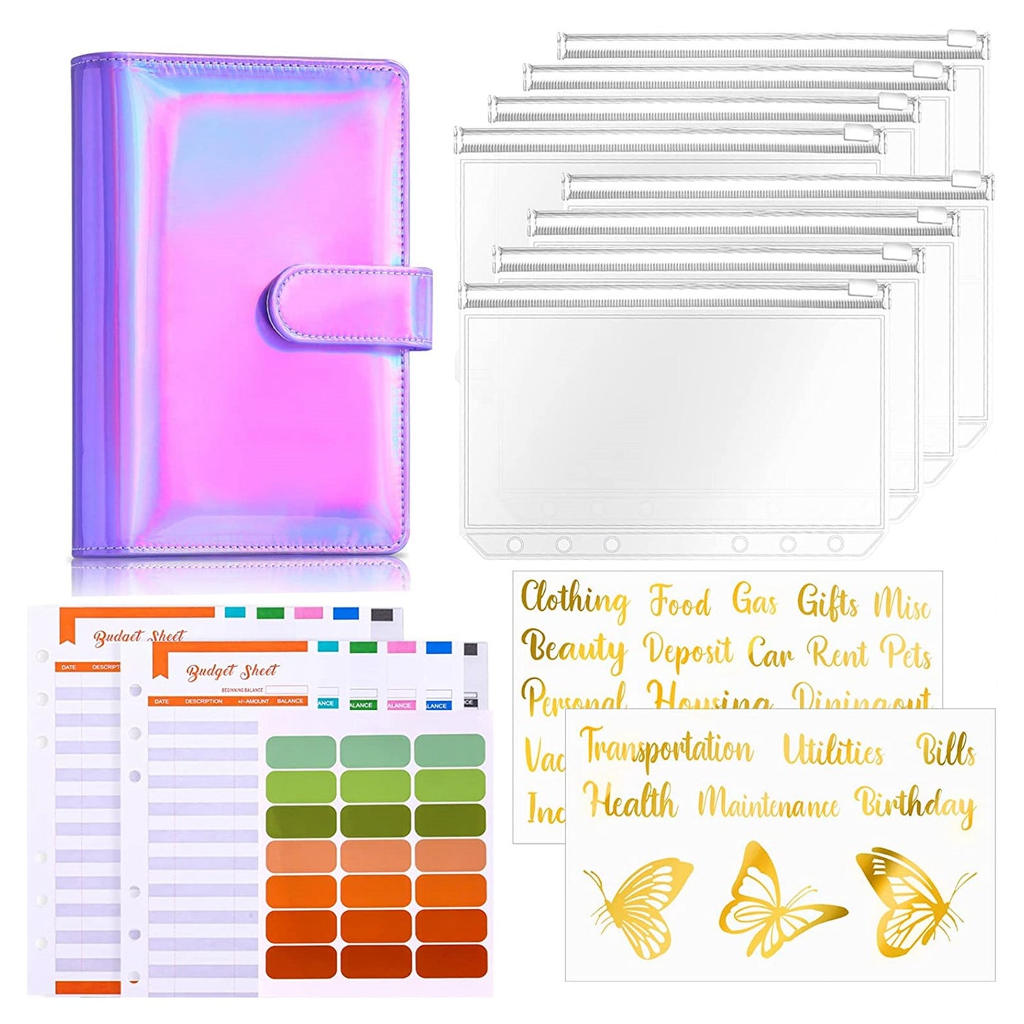 A6 PU Leather Magnetic Clasp Binder Cover Laser Design Shell with Loose Leaf PVC Bags, Expense Budget Sheets and Sticky Labels