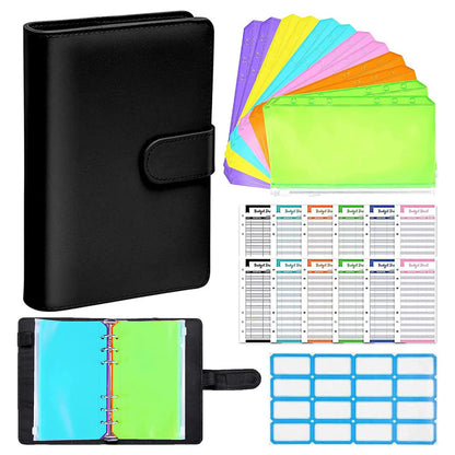 A6 PU Leather Binder Cover Shell Binder Budget Planner Organizer with 12Pcs Loose Leaf PVC Bags, 12Pcs Expense Budget Sheets and 16Pcs Sticky Labels