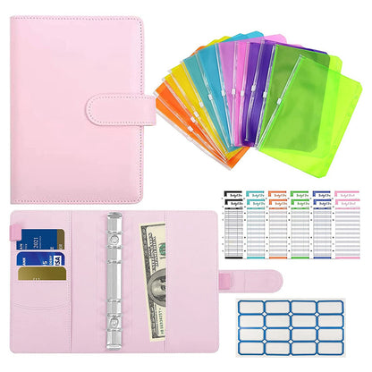 A6 PU Leather Binder Cover Shell Binder Budget Planner Organizer with 12Pcs Loose Leaf PVC Bags, 12Pcs Expense Budget Sheets and 16Pcs Sticky Labels