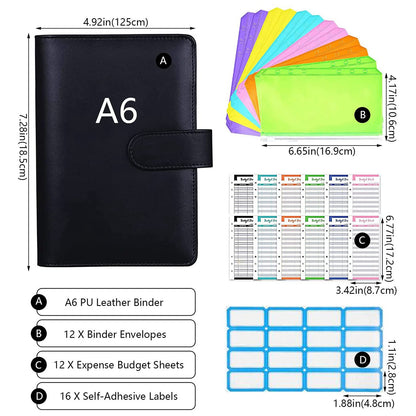 A6 PU Leather Binder Cover Shell Binder Budget Planner Organizer with 12Pcs Loose Leaf PVC Bags, 12Pcs Expense Budget Sheets and 16Pcs Sticky Labels