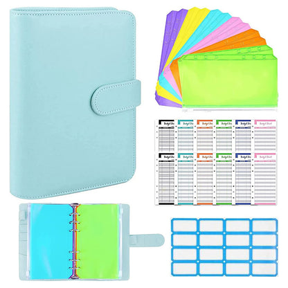 A6 PU Leather Binder Cover Shell Binder Budget Planner Organizer with 12Pcs Loose Leaf PVC Bags, 12Pcs Expense Budget Sheets and 16Pcs Sticky Labels