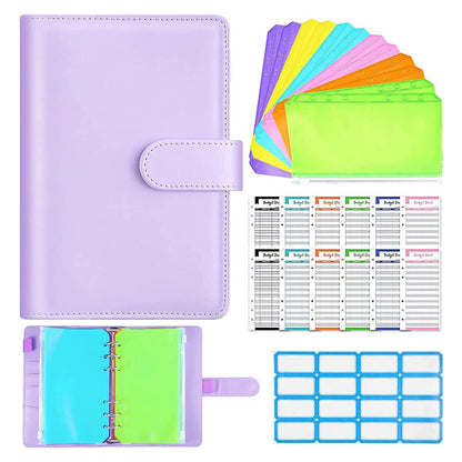 A6 PU Leather Binder Cover Shell Binder Budget Planner Organizer with 12Pcs Loose Leaf PVC Bags, 12Pcs Expense Budget Sheets and 16Pcs Sticky Labels