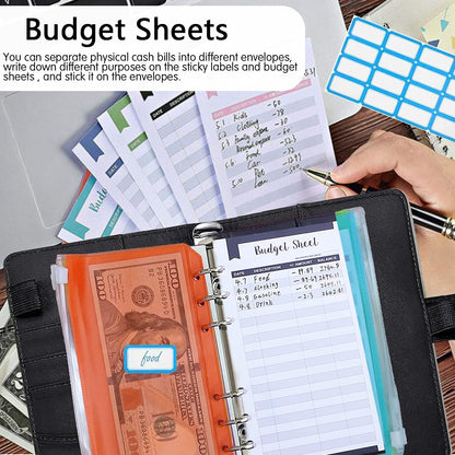 A6 PU Leather Binder Cover Shell Binder Budget Planner Organizer with 12Pcs Loose Leaf PVC Bags, 12Pcs Expense Budget Sheets and 16Pcs Sticky Labels