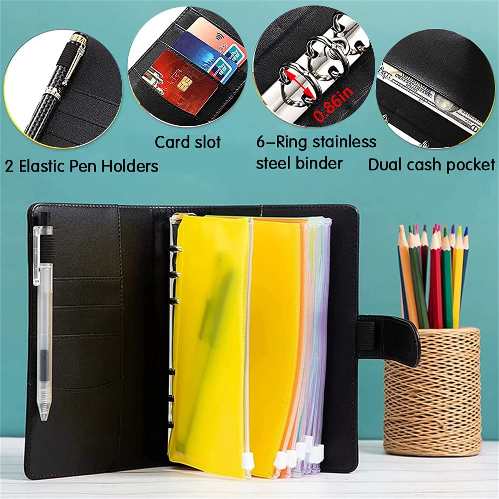 A6 PU Leather Binder Cover Shell Binder Budget Planner Organizer with 12Pcs Loose Leaf PVC Bags, 12Pcs Expense Budget Sheets and 16Pcs Sticky Labels