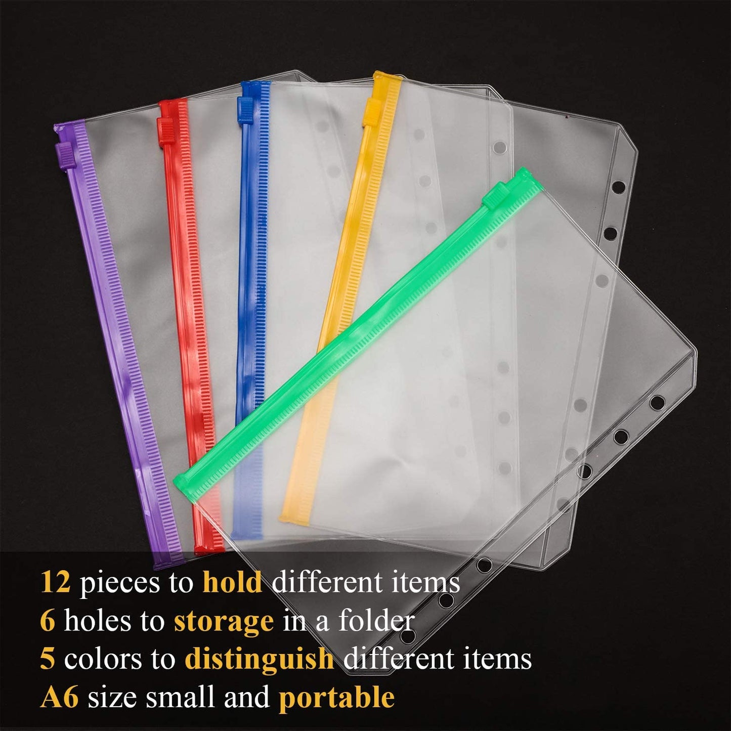 12PCS A6 Size Binder Pockets Matte Translucent Body Binder Pouch Folders for 6-Ring Binder Loose Leaf Bags Waterproof PVC Bill Storage Bags