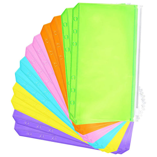 12PCS A6 Size Binder Pockets 6-Hole Zipper PVC Waterproof Pouch Different Colors Storage Bags Document Bill Organizers