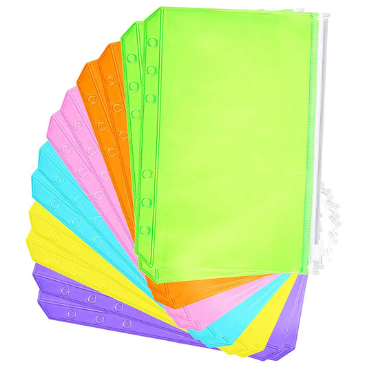 12PCS A5 Size Binder Pockets 6 Colors Zipper 6-Hole Folders Waterproof PVC Pouch Document Bill Bags Storage Bags