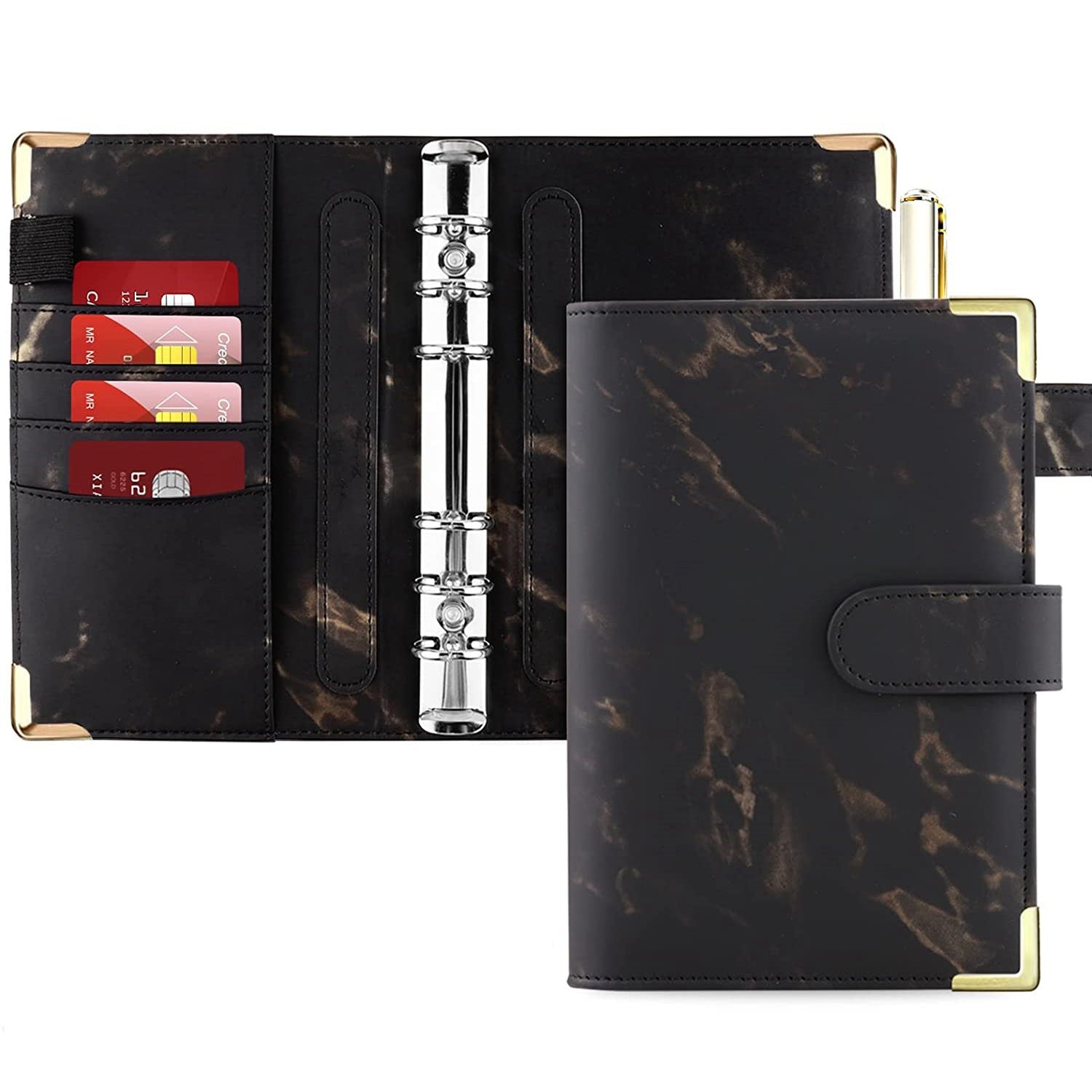 A6 PU Leather Binder Cover Bill Card Money Organizer Marbling Pattern Magnetic Clasp Gold Frame Protection Corners Binder Shell