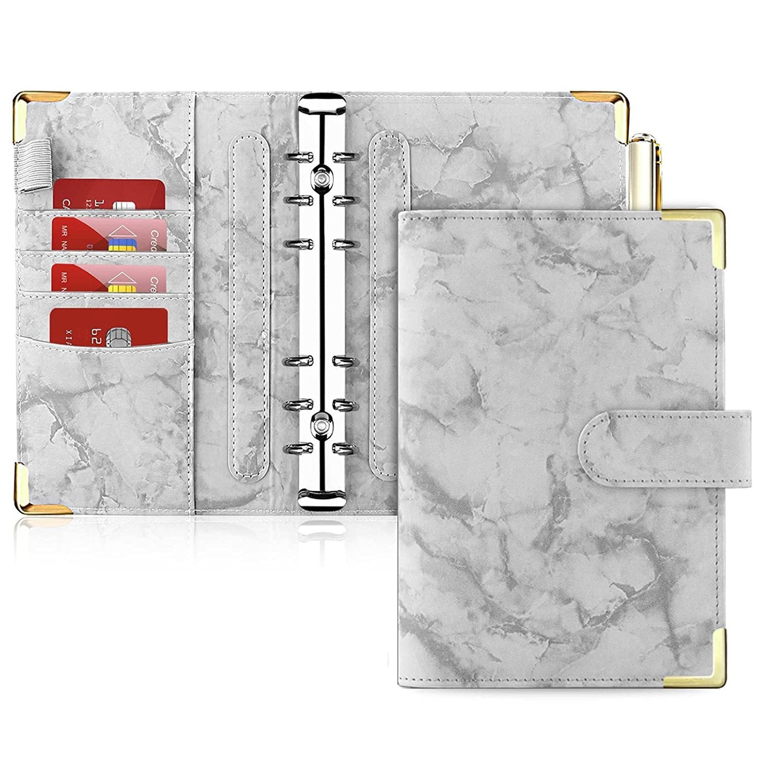 A6 PU Leather Binder Cover Bill Card Money Organizer Marbling Pattern Magnetic Clasp Gold Frame Protection Corners Binder Shell