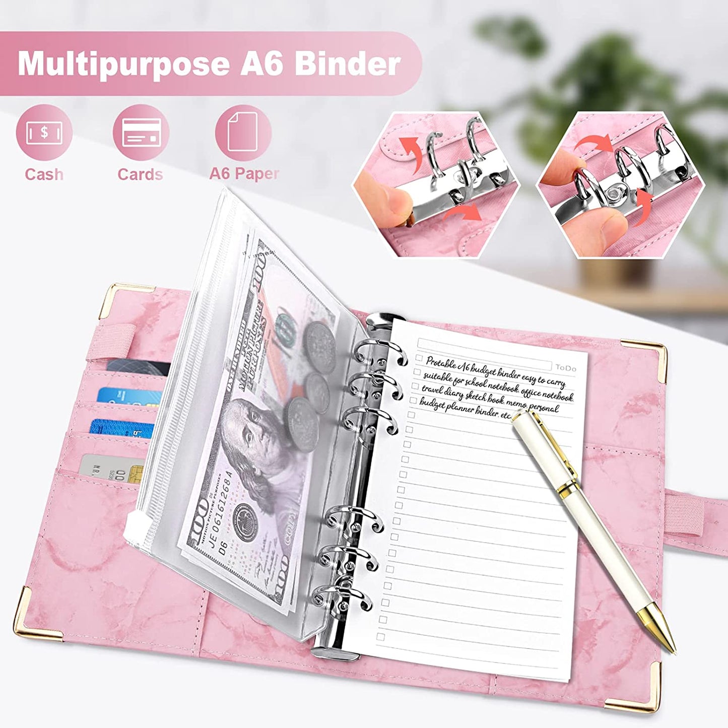 A6 PU Leather Binder Cover Bill Card Money Organizer Marbling Pattern Magnetic Clasp Gold Frame Protection Corners Binder Shell