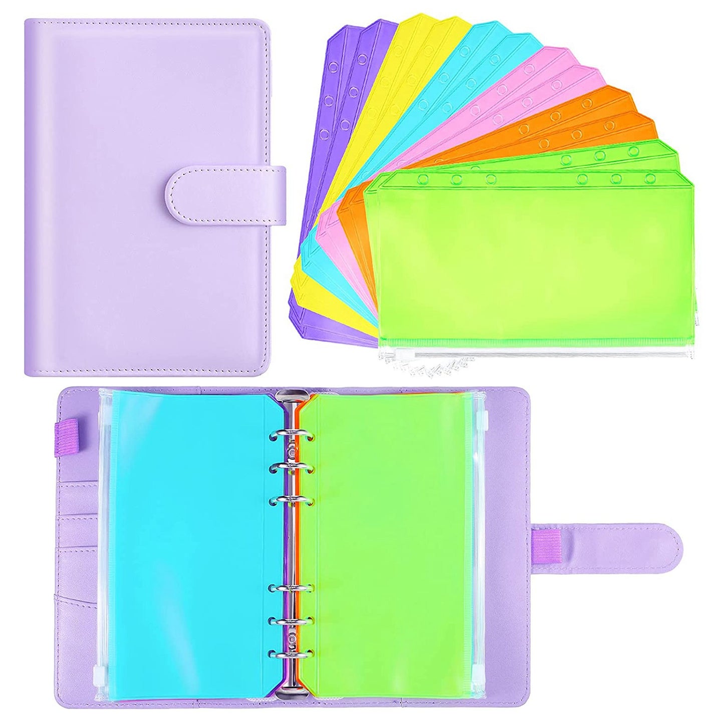 A6 PU Leather Notebook Cover Shell Binder Budget Planner Organizer 12 Storage Pockets Multi-color Refillable 6 Rings Binder Cover Loose Leaf Pouch