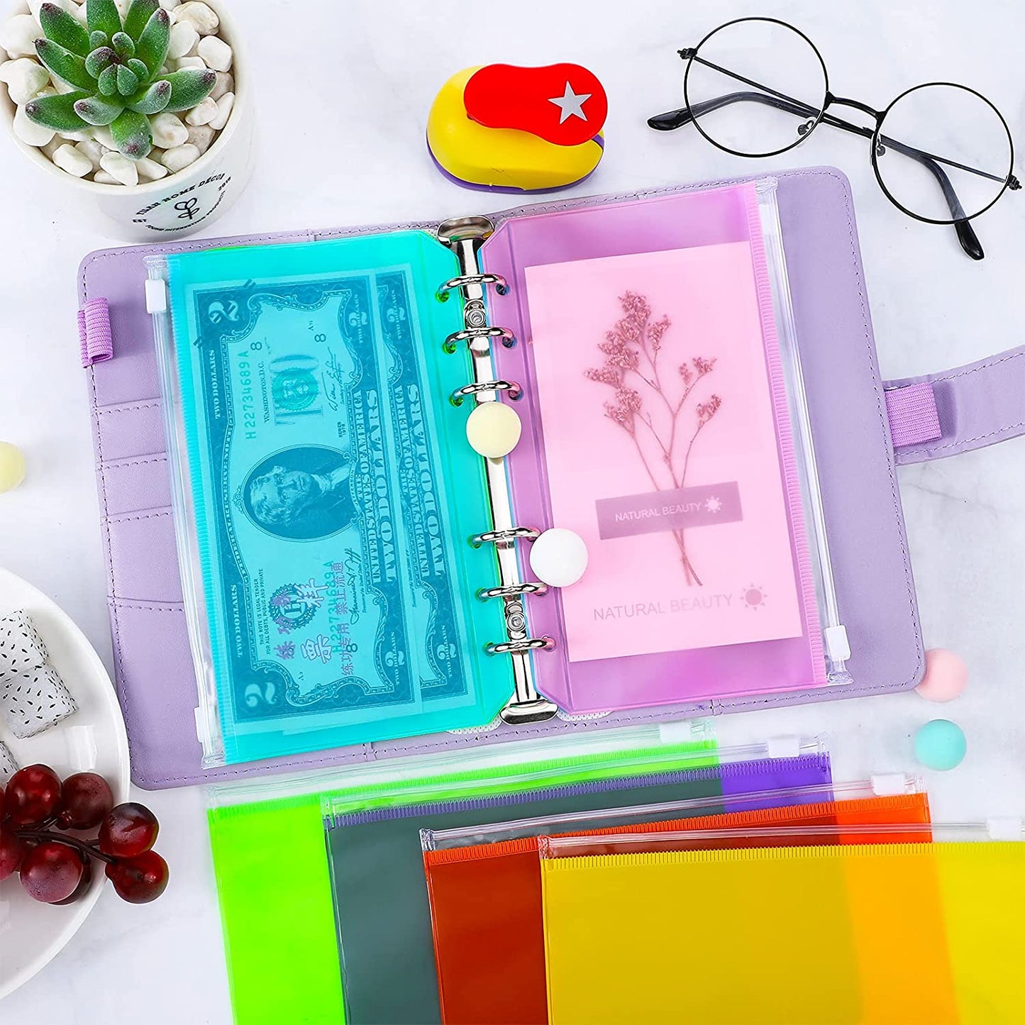 A6 PU Leather Notebook Cover Shell Binder Budget Planner Organizer 12 Storage Pockets Multi-color Refillable 6 Rings Binder Cover Loose Leaf Pouch