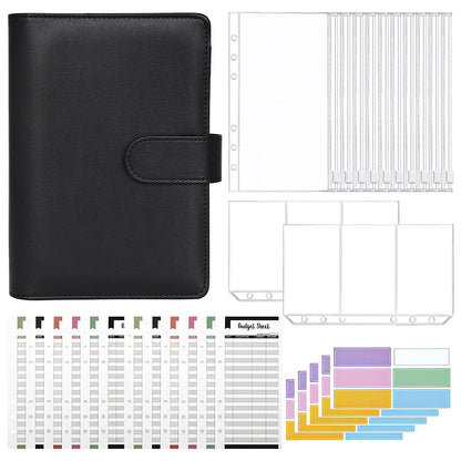 A6 PU Leather Budget Binder Cover with Expense Budget Sheets, Zipper Binder Pockets, 3-Grid Card Pockets and Self-Adhesive Labels