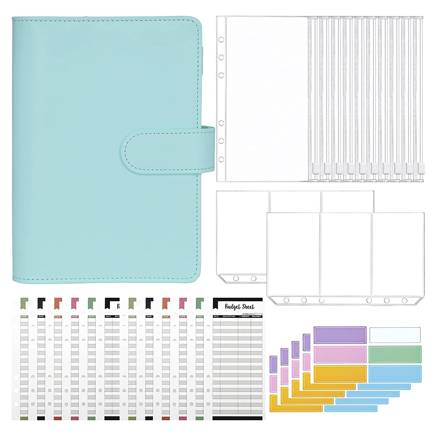 A6 PU Leather Budget Binder Cover with Expense Budget Sheets, Zipper Binder Pockets, 3-Grid Card Pockets and Self-Adhesive Labels