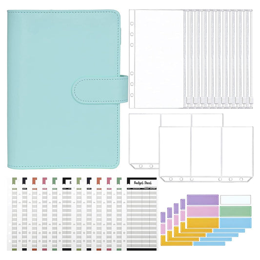 A6 PU Leather Budget Binder Cover with Expense Budget Sheets, Zipper Binder Pockets, 3-Grid Card Pockets and Self-Adhesive Labels