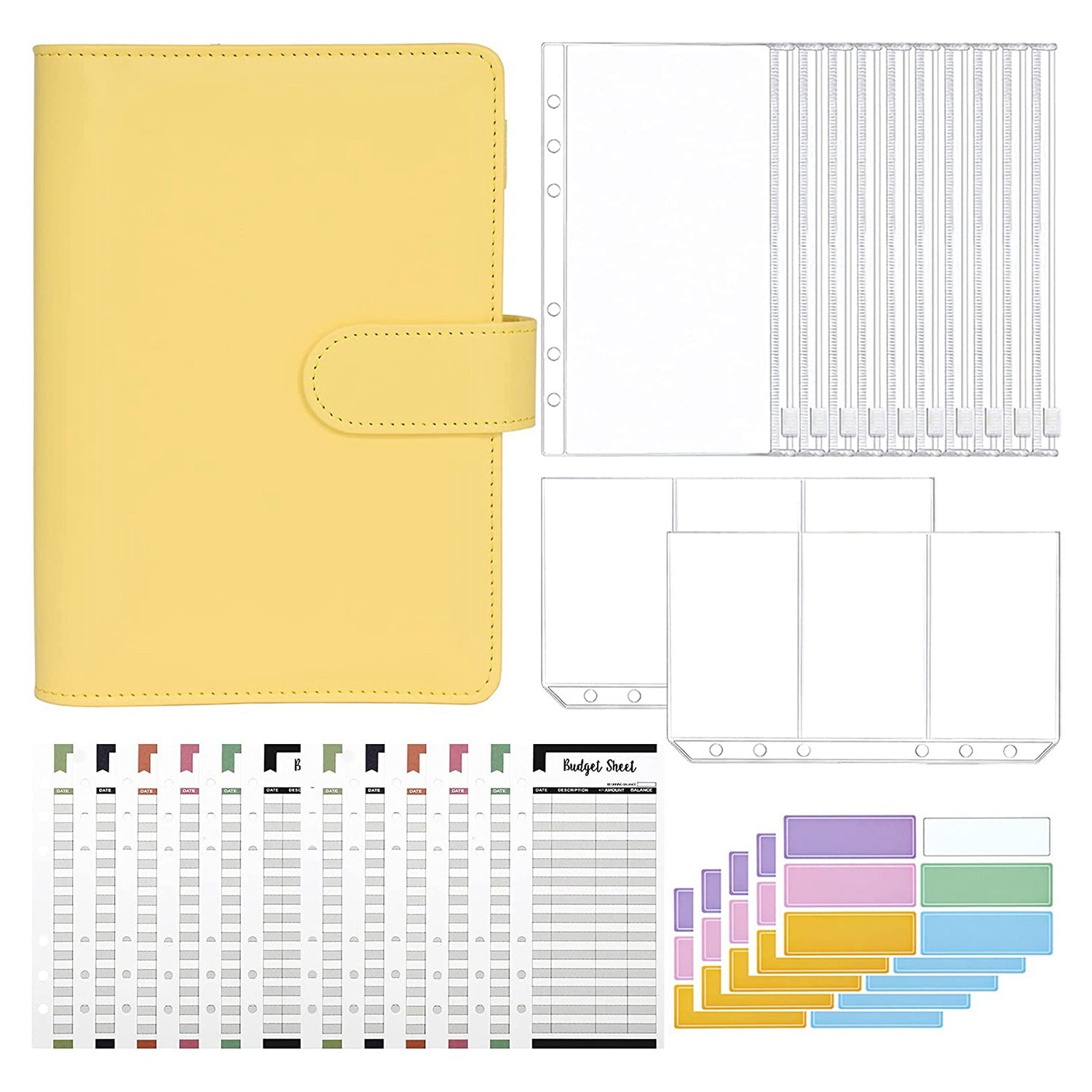 A6 PU Leather Budget Binder Cover with Expense Budget Sheets, Zipper Binder Pockets, 3-Grid Card Pockets and Self-Adhesive Labels