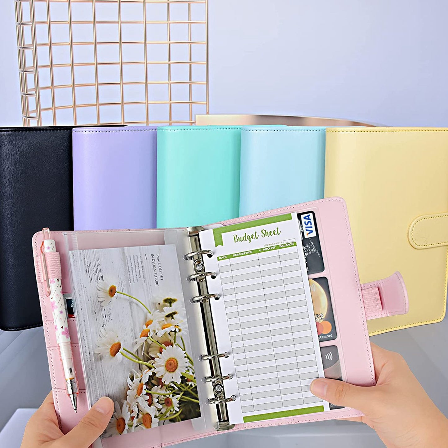 A6 PU Leather Budget Binder Cover with Expense Budget Sheets, Zipper Binder Pockets, 3-Grid Card Pockets and Self-Adhesive Labels