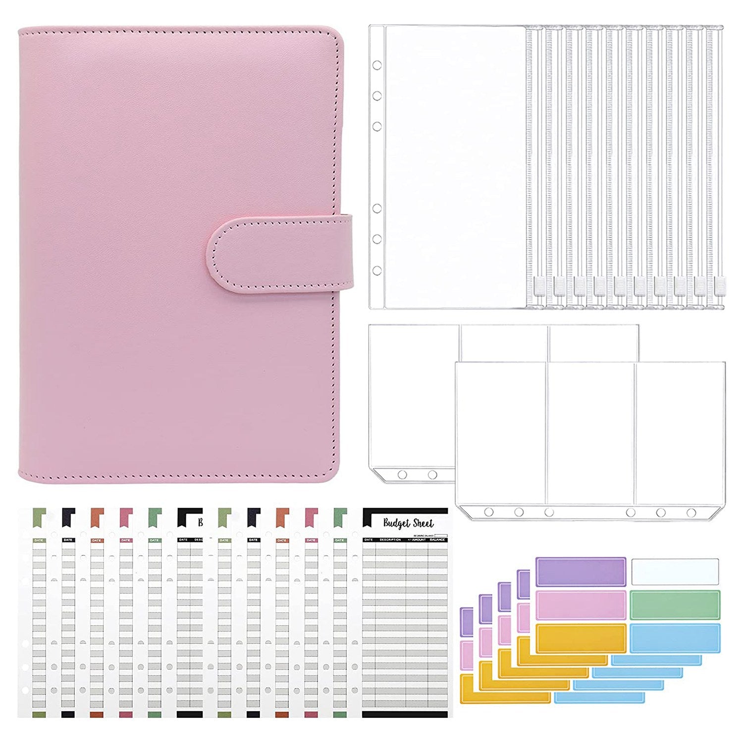 A6 PU Leather Budget Binder Cover with Expense Budget Sheets, Zipper Binder Pockets, 3-Grid Card Pockets and Self-Adhesive Labels