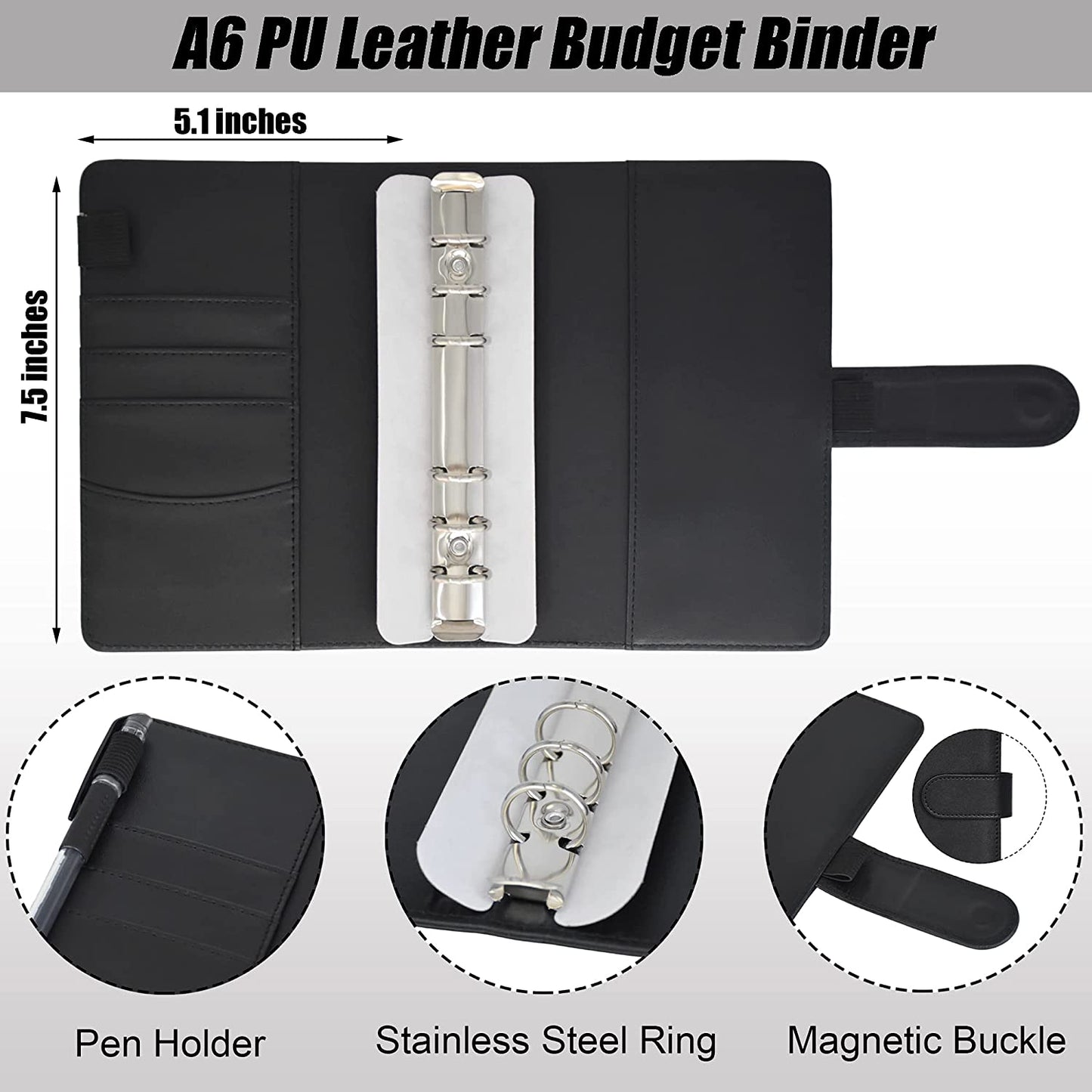 A6 PU Leather Budget Binder Cover with Expense Budget Sheets, Zipper Binder Pockets, 3-Grid Card Pockets and Self-Adhesive Labels