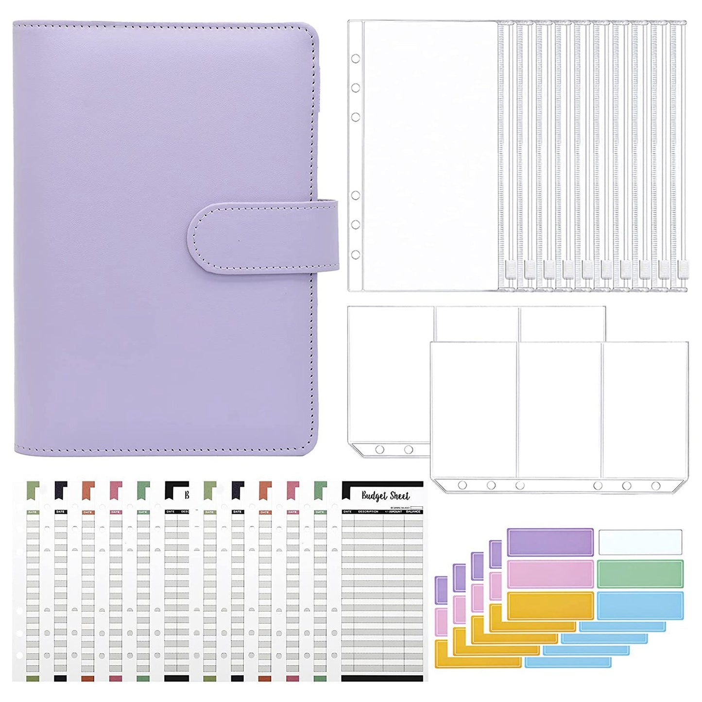 A6 PU Leather Budget Binder Cover with Expense Budget Sheets, Zipper Binder Pockets, 3-Grid Card Pockets and Self-Adhesive Labels