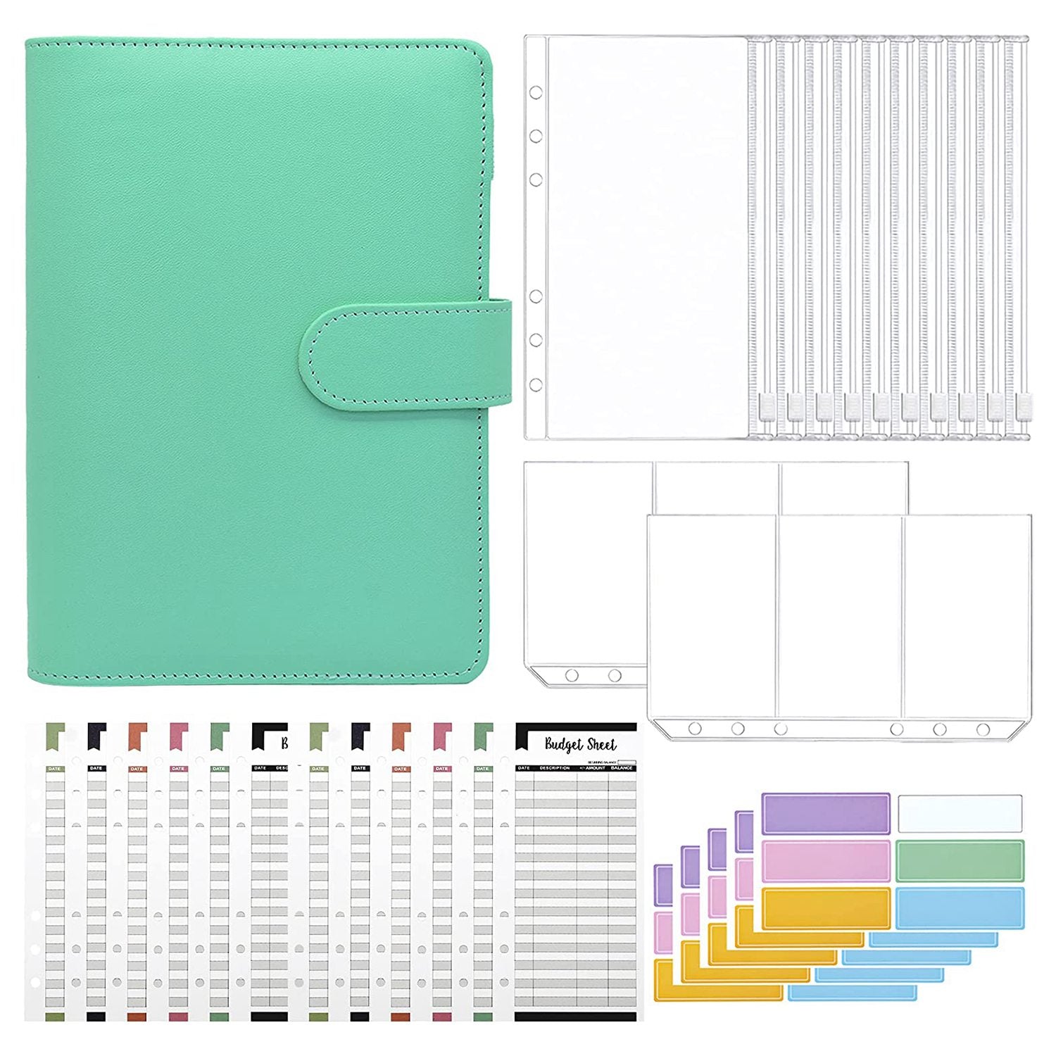 A6 PU Leather Budget Binder Cover with Expense Budget Sheets, Zipper Binder Pockets, 3-Grid Card Pockets and Self-Adhesive Labels