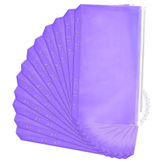 12PCS A6 Size Binder Pockets Purple Zipper Folders Waterproof PVC Pouch Document Bill Bags Storage Bags for 6-Ring Binder