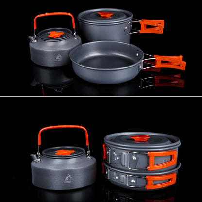 HEWOLF HW-K2103 Portable Handle Pan Temperature Resistant Camping Cookware Set with Large Water Bottle for 4-5 People