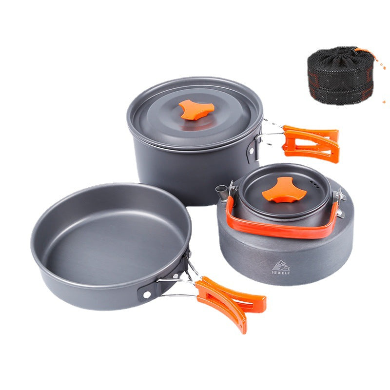 HEWOLF HW-K2103 Portable Handle Pan Temperature Resistant Camping Cookware Set with Large Water Bottle for 4-5 People