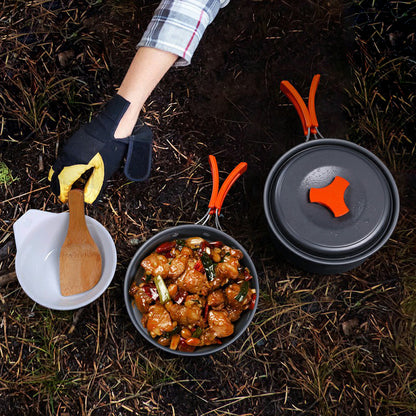 HEWOLF HW-K1342 Portable Non-slip Handle Pan Temperature Resistant Camping Cookware Set for 1-2 People