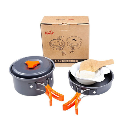 HEWOLF HW-K1342 Portable Non-slip Handle Pan Temperature Resistant Camping Cookware Set for 1-2 People