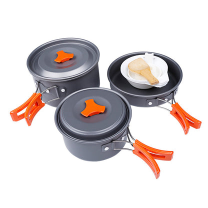 HEWOLF HW-K1344 Portable Non-slip Handle Pan Temperature Resistant Camping Cookware Set for 2-3 People