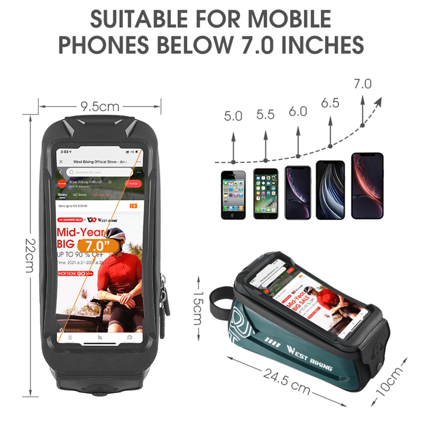 WEST BIKING YP0707275 2.5L Bike Bicycle Top Tube Bag Front Beam Touch Screen Phone Holder Storage Bag