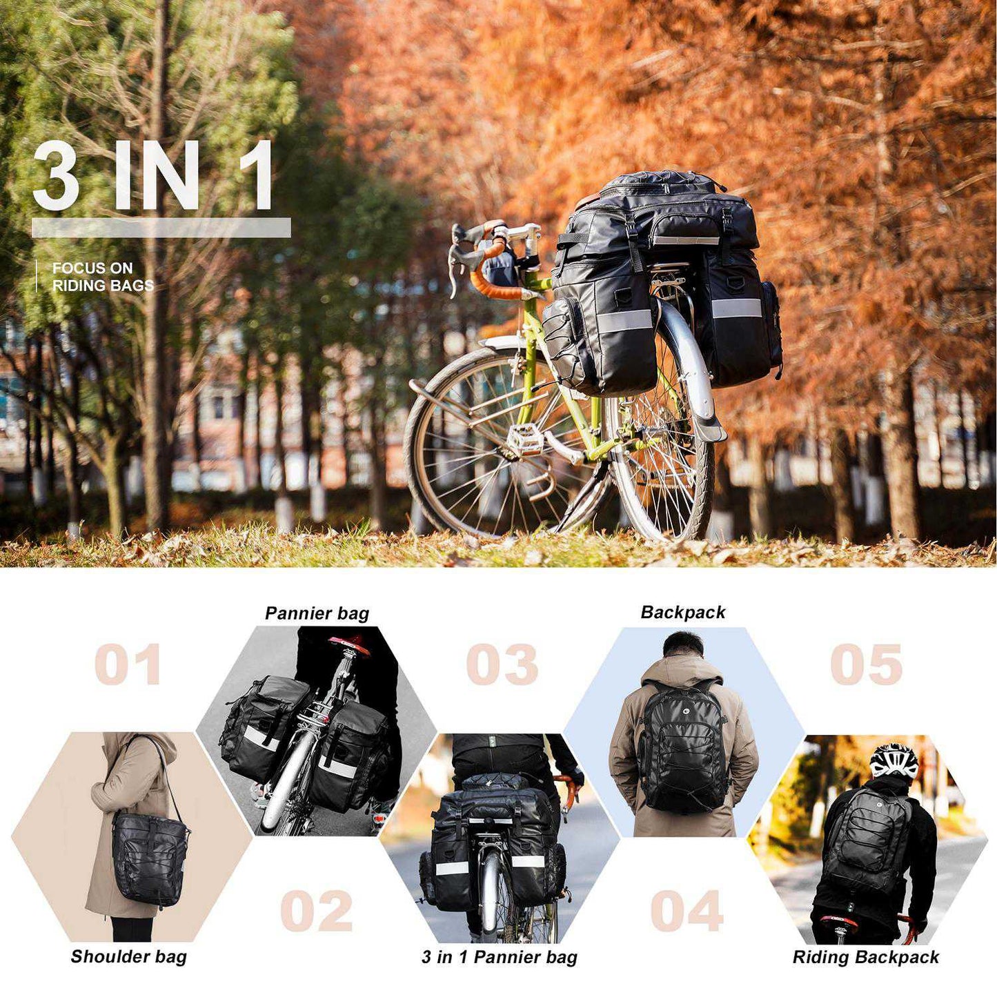 RHINOWALK X21606 Bike Bag 3-in-1 Bike Pannier Bag 65L Bicycle Rack Trunks Rear Seat Carrier Pack Multifunction Bicycle Bag Daypack Backpack