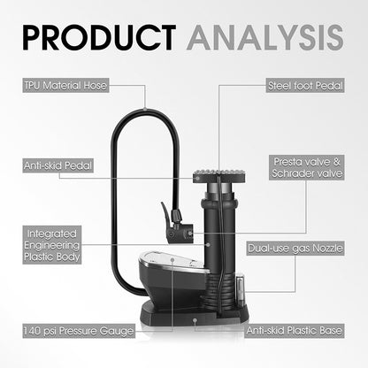 WEST BIKING YP0711118 Portable 140PSI Bicycle Tire Foot Pump Bike Air Inflator with Pressure Gauge