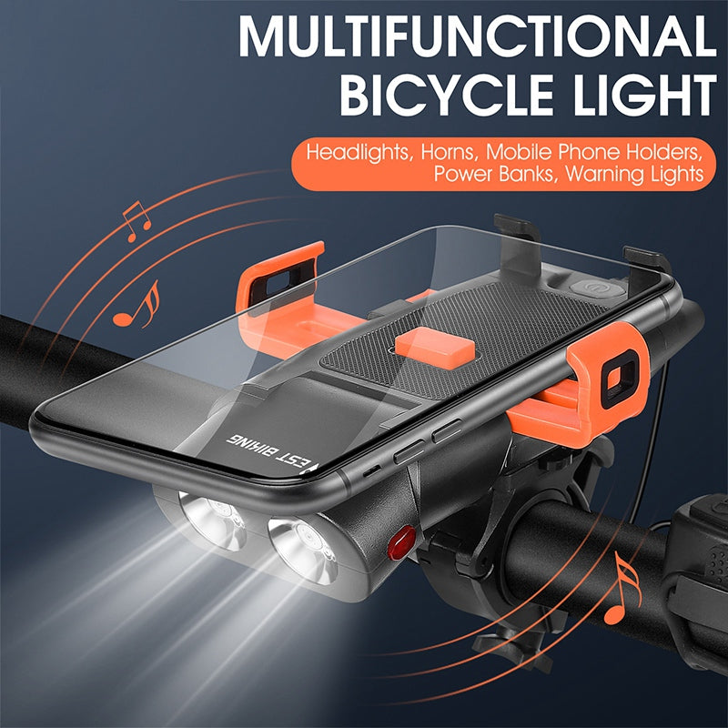 WEST BIKING YP0701321 Bright LED Bike Front Light Phone Holder Design Rechargeable Bicycle Night Cycling Safety Horn Torch with Power Bank Function