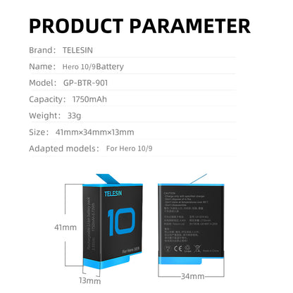 TELESIN GP-BTR-901 1750mAh Li-ion Battery Replacement for GoPro Hero 10/9 Sports Camera