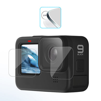 FLW361 for GoPro Hero 10/9 Anti-explosion Tempered Glass Film High Hardness Camera Lens + Back Screen + Front Screen Protector