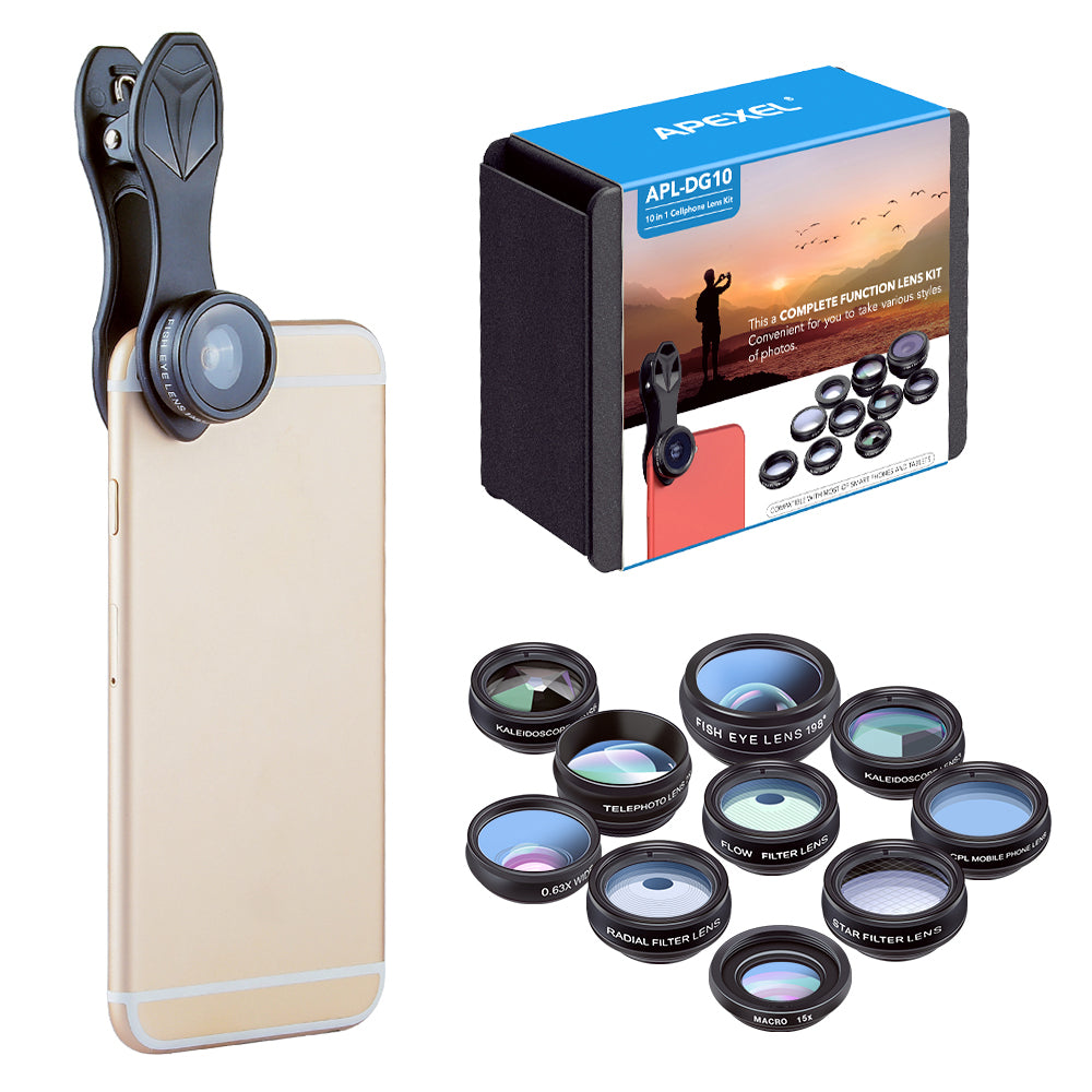 APEXEL APL-DG10 10 in 1 Phone Camera Lens Kit Fisheye Wide Angle Macro Telescope Lens