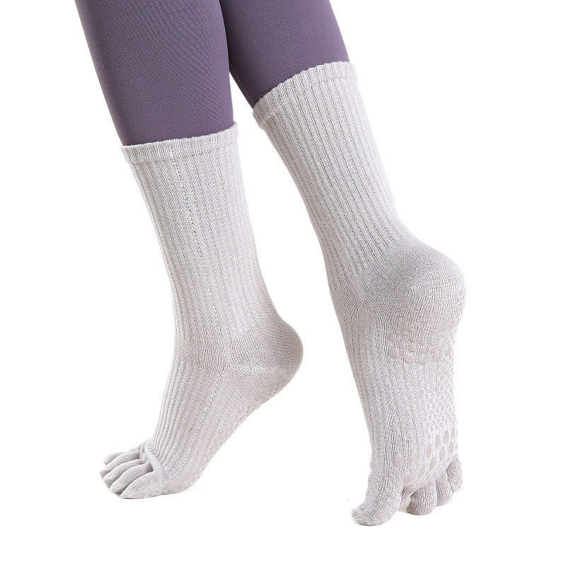 Long Sleeve Yoga Toe Socks for Women Anti-Skid Five Finger Socks with Grip Five Toe Socks Cotton Non-Slip Fitness Socks for Yoga Pilates Ballet Dance (Size: 34-38)