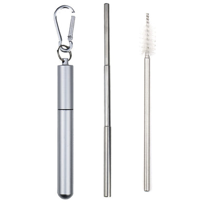 Portable 304 Stainless Steel Three Sections Telescopic Straw Beverage Milk Tea Metal Straw with Aluminum Alloy Storage Tube and Brush (No FDA Certification, BPA Free)